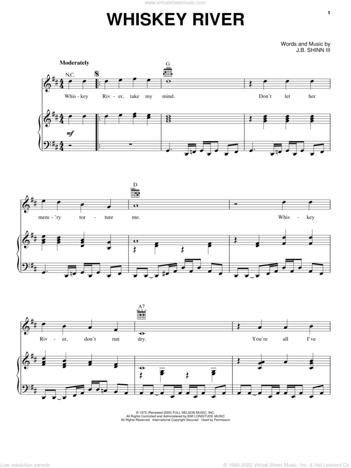 Whiskey River sheet music for voice, piano or guitar by Willie Nelson and J.B. Shin, intermediate skill level