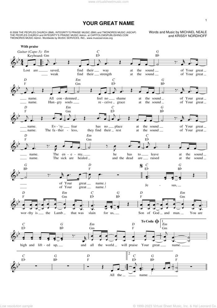 Your Great Name sheet music for voice and other instruments (fake book) by Natalie Grant, Krissy Nordhoff and Michael Neale, intermediate skill level