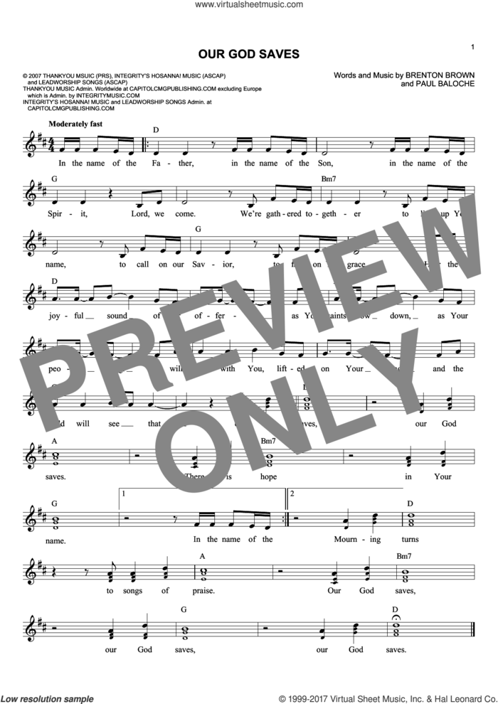 Our God Saves sheet music for voice and other instruments (fake book) by Paul Baloche and Brenton Brown, intermediate skill level