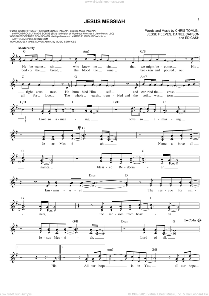 Jesus Messiah sheet music for voice and other instruments (fake book) by Chris Tomlin, Daniel Carson, Ed Cash and Jesse Reeves, intermediate skill level