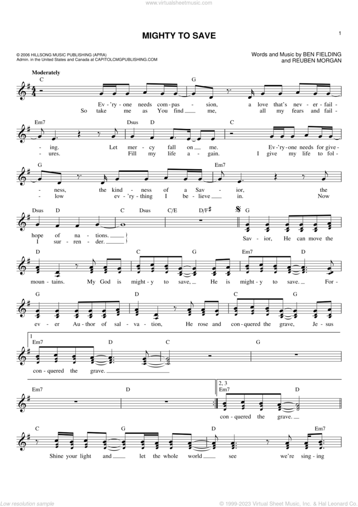 Mighty To Save sheet music for voice and other instruments (fake book) by Hillsong Worship, Ben Fielding and Reuben Morgan, intermediate skill level