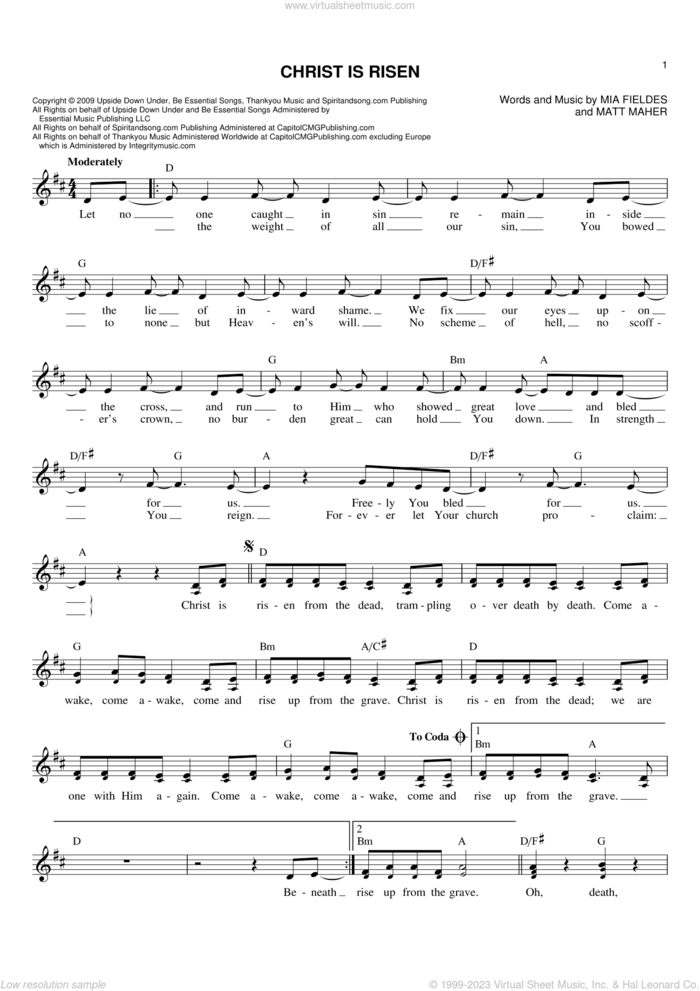 Christ Is Risen sheet music for voice and other instruments (fake book) by Mia Fieldes and Matt Maher, intermediate skill level