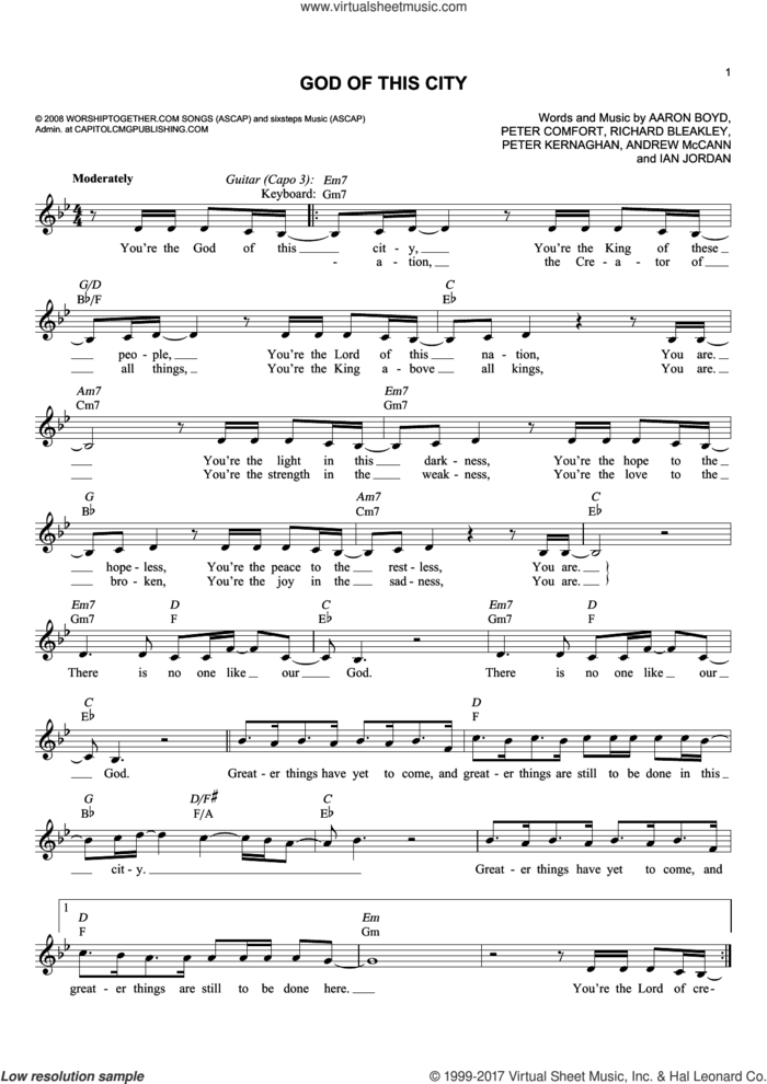 God Of This City sheet music for voice and other instruments (fake book) by Chris Tomlin, Aaron Boyd, Andrew McCann, Ian Jordan, Peter Comfort, Peter Kernaghan and Richard Bleakley, intermediate skill level