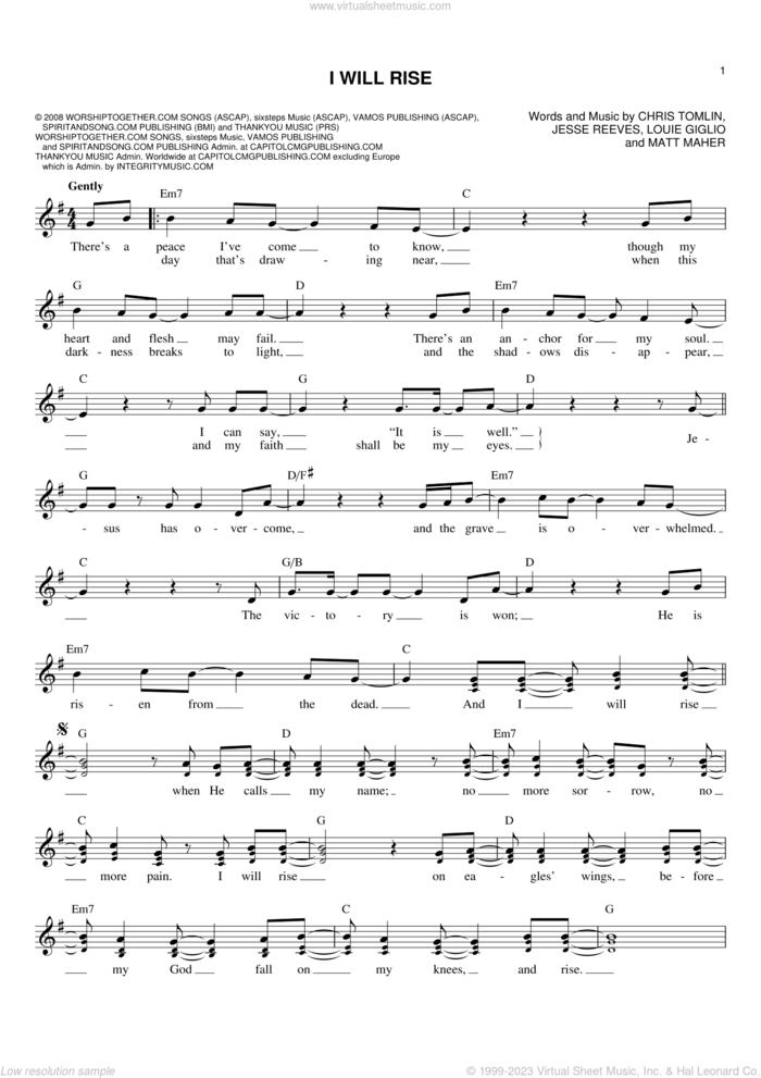 I Will Rise sheet music for voice and other instruments (fake book) by Chris Tomlin, Jesse Reeves, Louis Giglio and Matt Maher, intermediate skill level