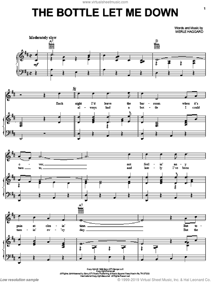 The Bottle Let Me Down sheet music for voice, piano or guitar by Merle Haggard, intermediate skill level