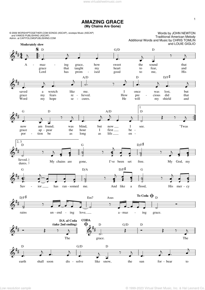 Amazing Grace (My Chains Are Gone) sheet music for voice and other instruments (fake book) by Chris Tomlin, John Newton, Louie Giglio and Miscellaneous, intermediate skill level