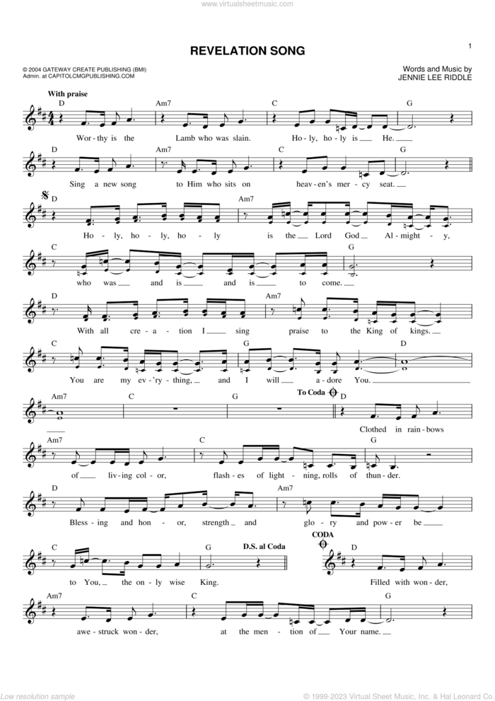Revelation Song sheet music for voice and other instruments (fake book) by Phillips, Craig & Dean and Jennie Lee Riddle, intermediate skill level