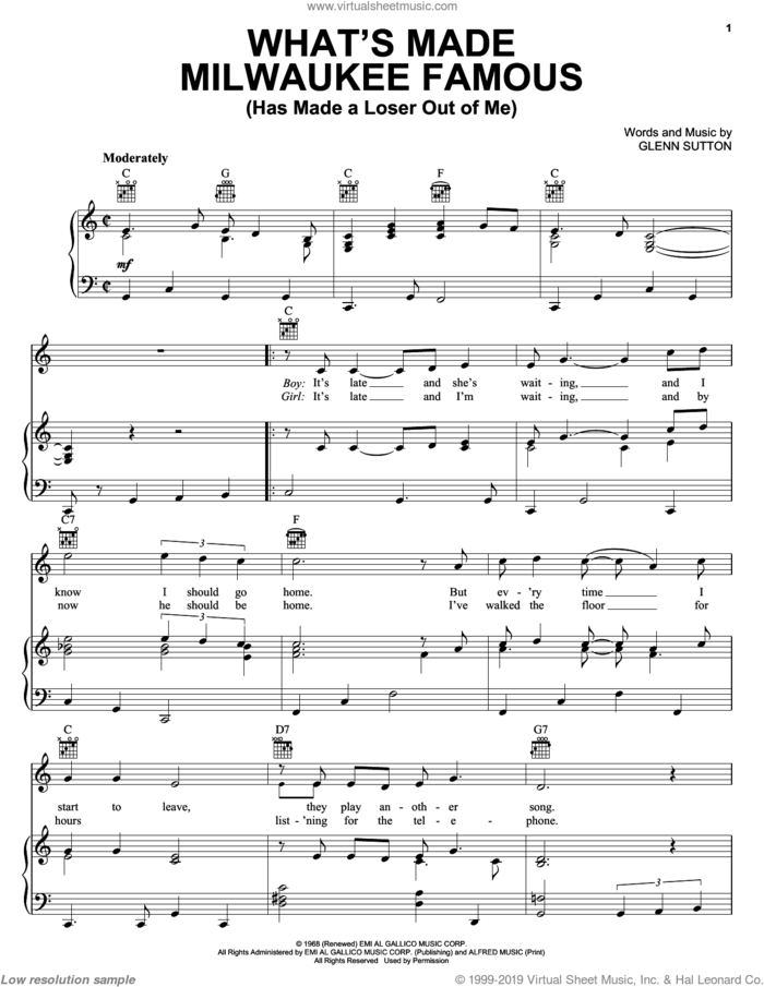 What's Made Milwaukee Famous (Has Made A Loser Out Of Me) sheet music for voice, piano or guitar by Jerry Lee Lewis and Glenn Sutton, intermediate skill level
