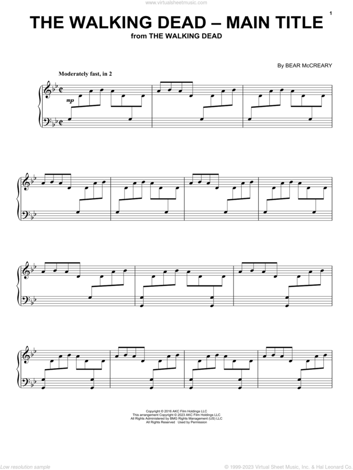 The Walking Dead - Main Title, (intermediate) sheet music for piano solo by Bear McCreary and Steven Kaplan, intermediate skill level
