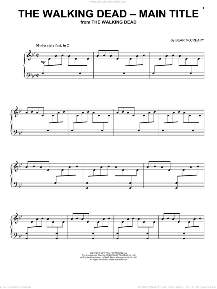 The Walking Dead - Main Title, (intermediate) sheet music for piano solo by Bear McCreary and Steven Kaplan, intermediate skill level