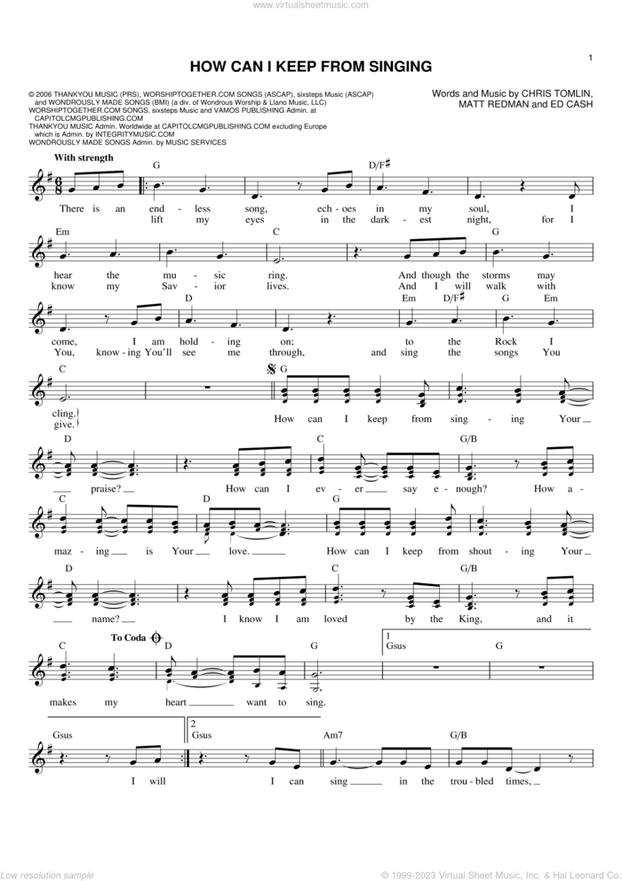 How Can I Keep From Singing sheet music for voice and other instruments (fake book) by Chris Tomlin, Ed Cash and Matt Redman, intermediate skill level