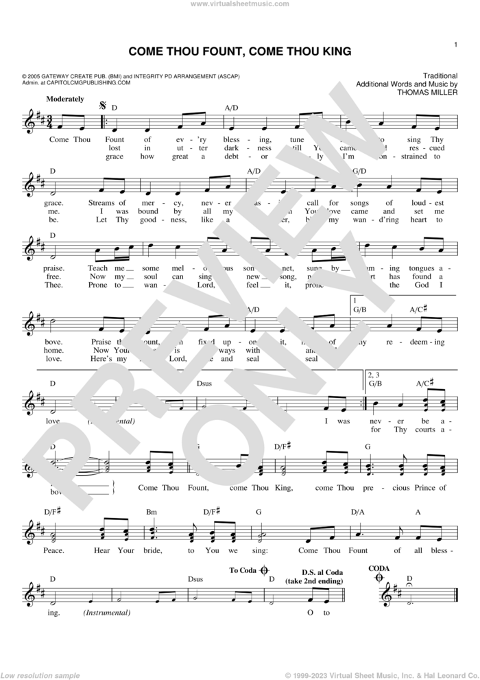 Come Thou Fount, Come Thou King sheet music for voice and other instruments (fake book) by Thomas Miller, Gateway Worship and Miscellaneous, intermediate skill level