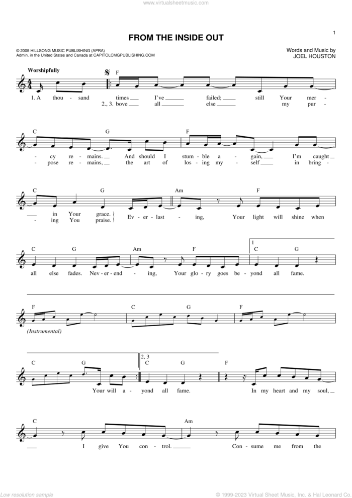 From The Inside Out sheet music for voice and other instruments (fake book) by Joel Houston and Hillsong United, intermediate skill level