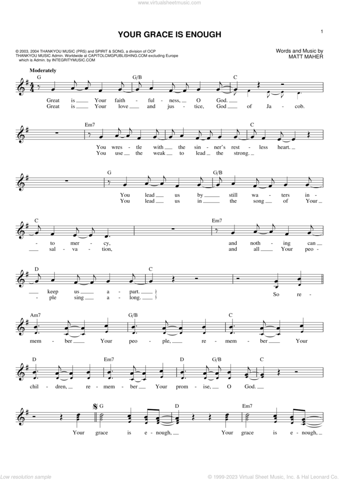 Your Grace Is Enough sheet music for voice and other instruments (fake book) by Chris Tomlin and Matt Maher, intermediate skill level