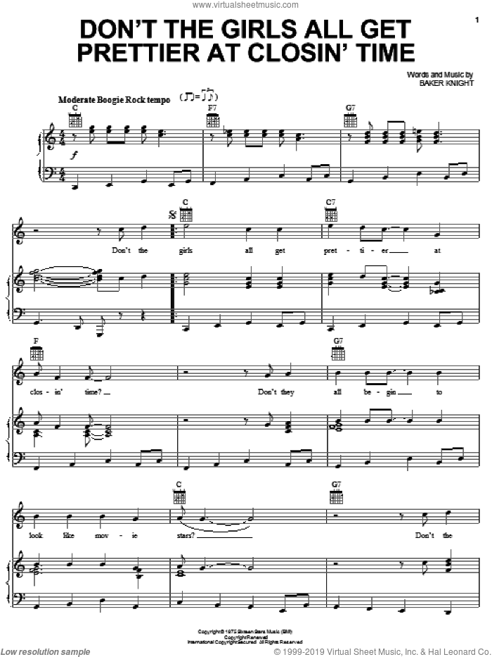 Don't The Girls All Get Prettier At Closin' Time sheet music for voice, piano or guitar by Mickey Gilley and Baker Knight, intermediate skill level