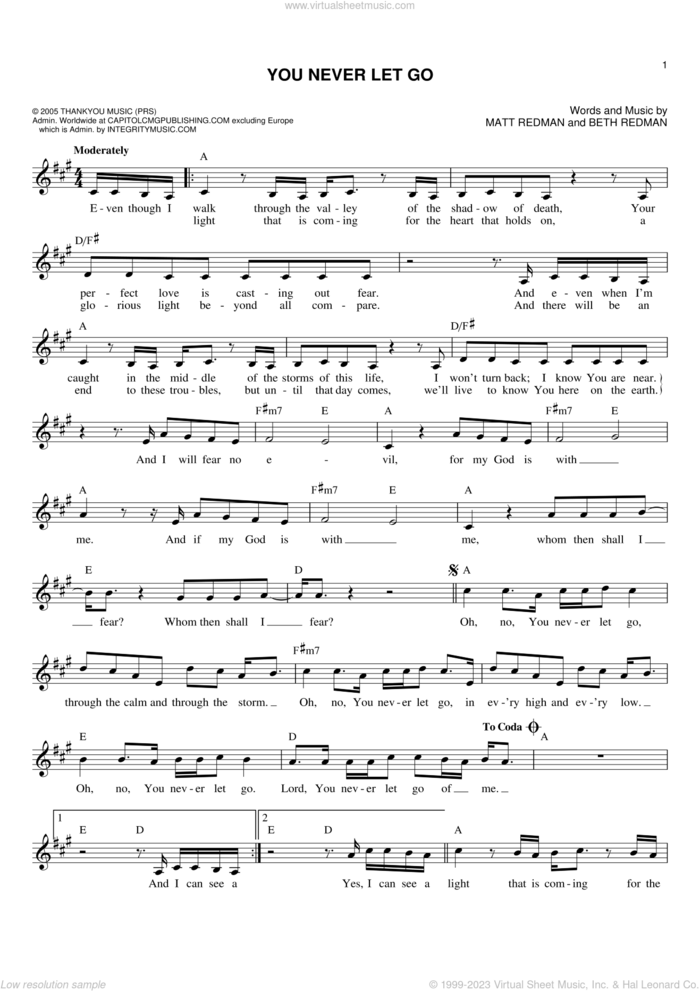 You Never Let Go sheet music for voice and other instruments (fake book) by Matt Redman and Beth Redman, intermediate skill level
