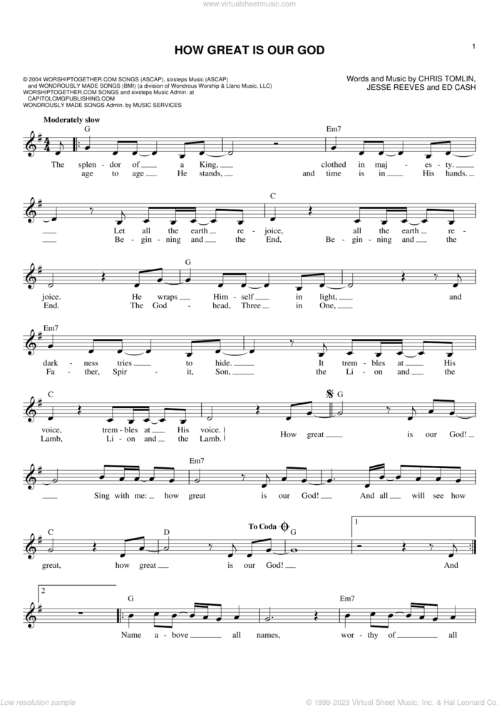 How Great Is Our God sheet music for voice and other instruments (fake book) by Chris Tomlin, Ed Cash and Jesse Reeves, intermediate skill level
