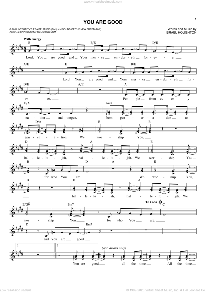 You Are Good sheet music for voice and other instruments (fake book) by Israel Houghton and The Katinas, intermediate skill level