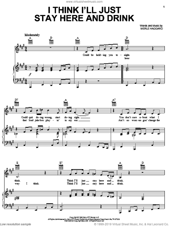 I Think I'll Just Stay Here And Drink sheet music for voice, piano or guitar by Merle Haggard, intermediate skill level