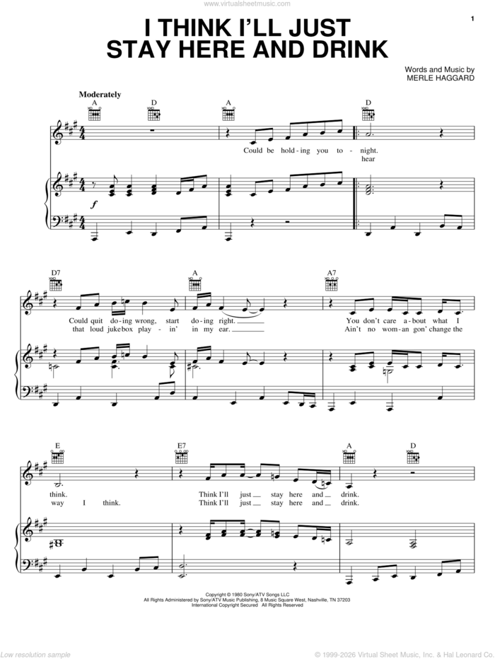 I Think I'll Just Stay Here And Drink sheet music for voice, piano or guitar by Merle Haggard, intermediate skill level