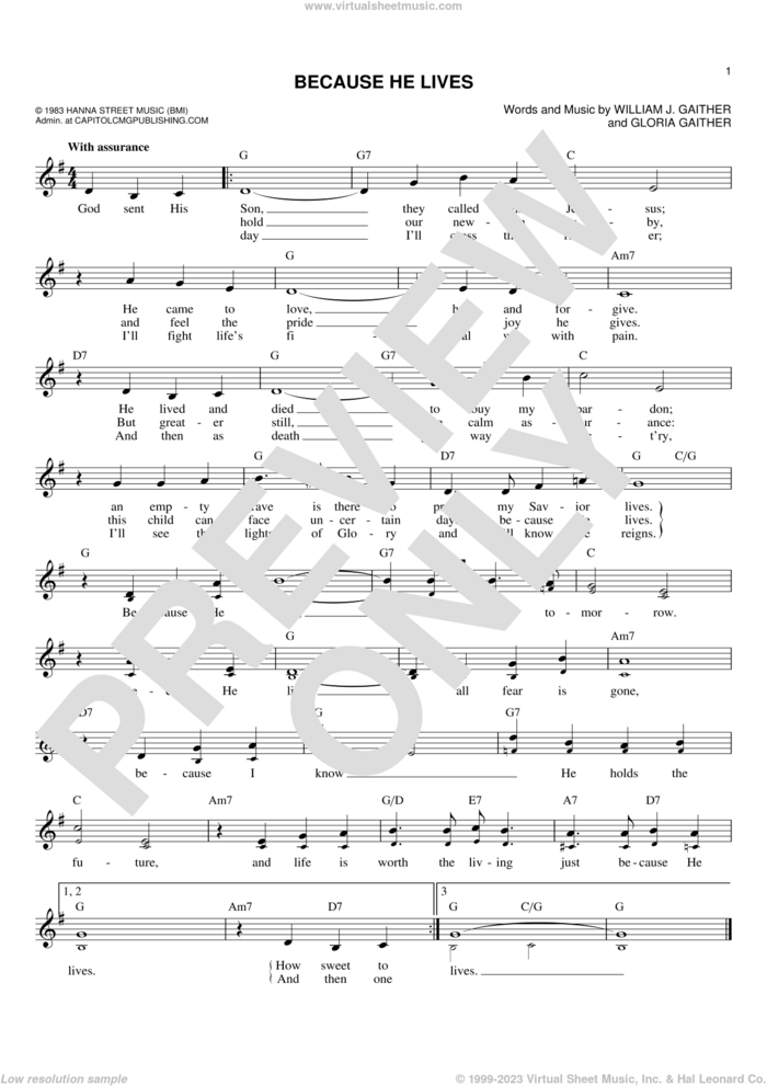 Because He Lives sheet music for voice and other instruments (fake book) by Gloria Gaither and William J. Gaither, intermediate skill level