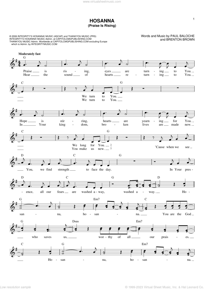 Hosanna (Praise Is Rising) sheet music for voice and other instruments (fake book) by Paul Baloche and Brenton Brown, intermediate skill level