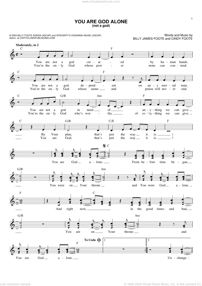 You Are God Alone (Not A God) sheet music for voice and other instruments (fake book) by Phillips, Craig & Dean, Billy James Foote and Cindy Foote, intermediate skill level