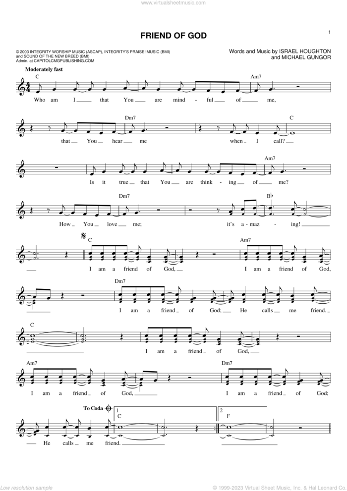 Friend Of God sheet music for voice and other instruments (fake book) by Michael Gungor and Israel Houghton, intermediate skill level
