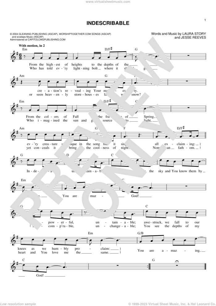 Indescribable sheet music for voice and other instruments (fake book) by Chris Tomlin, Avalon, Jesse Reeves and Laura Story, intermediate skill level