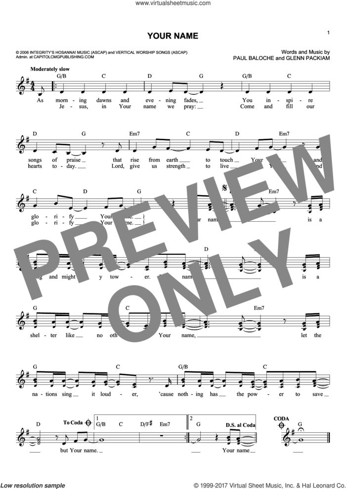 Your Name sheet music for voice and other instruments (fake book) by Phillips, Craig & Dean, Glenn Packiam and Paul Baloche, intermediate skill level