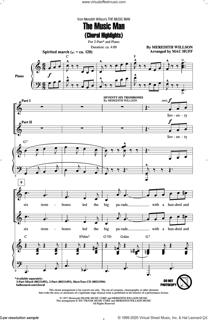 The Music Man (Choral Highlights) sheet music for choir (2-Part) by Meredith Willson and Mac Huff, intermediate duet