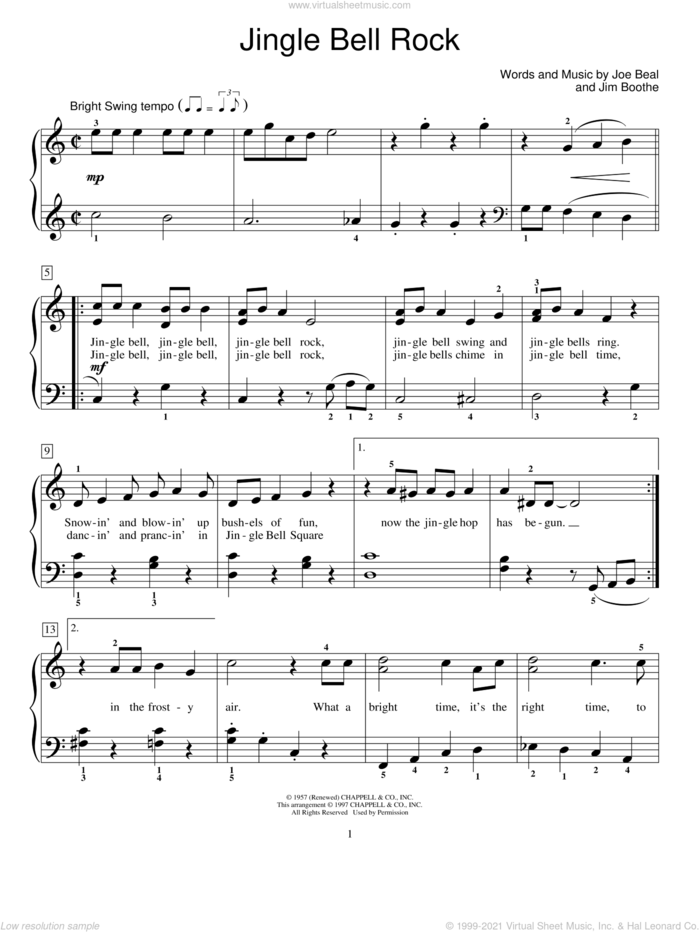 Jingle Bell Rock sheet music for piano solo (elementary) by Bobby Helms, Jim Boothe and Joe Beal, beginner piano (elementary)