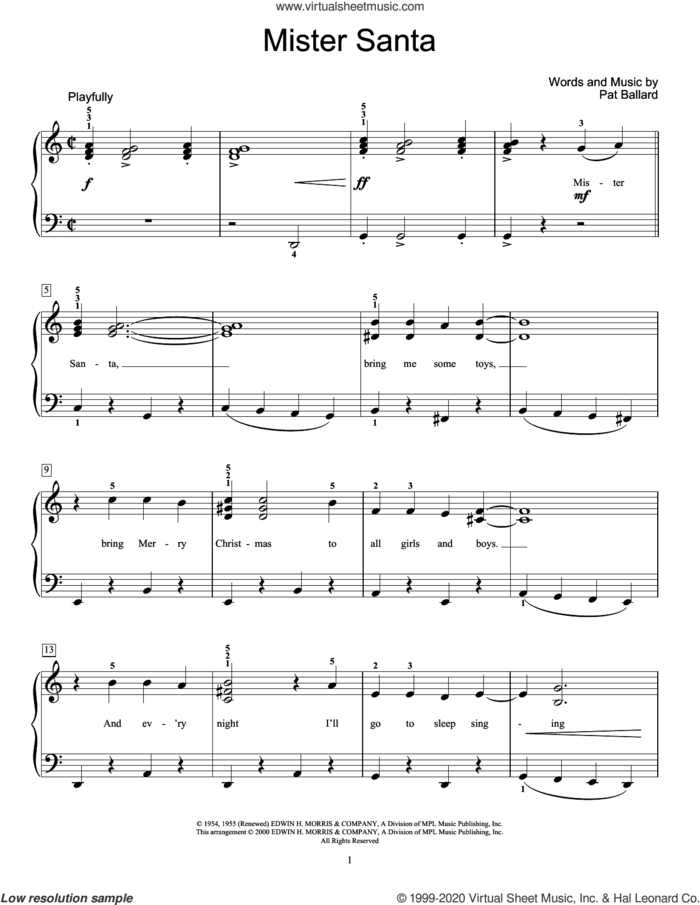 Mister Santa, (beginner) sheet music for piano solo (elementary) by Pat Ballard, beginner piano (elementary)