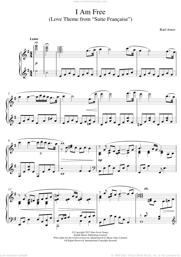 I Am Free (Love Theme from Suite Francaise) sheet music for piano solo by Rael Jones, intermediate skill level