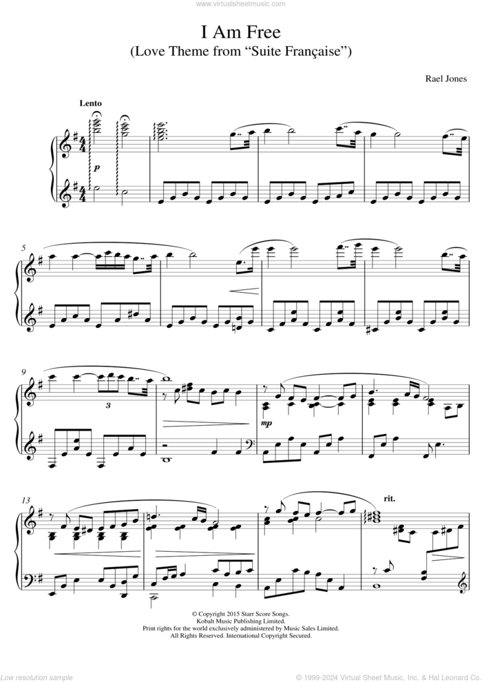 I Am Free (Love Theme from Suite Francaise) sheet music for piano solo by Rael Jones, intermediate skill level