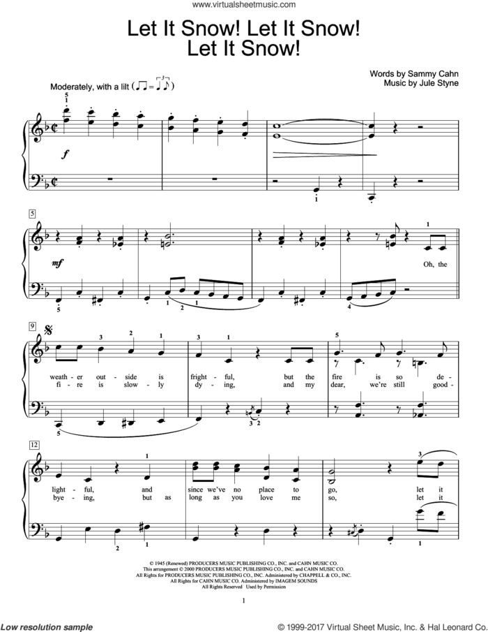 Let It Snow! Let It Snow! Let It Snow! sheet music for piano solo (elementary) by Jule Styne, beginner piano (elementary)