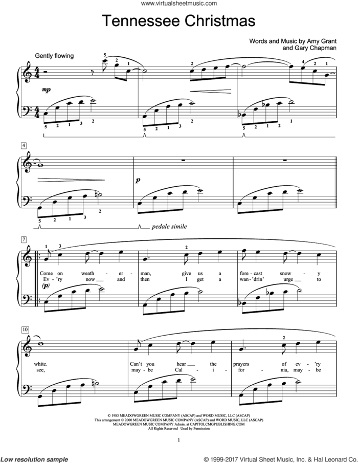 Tennessee Christmas sheet music for piano solo (elementary) by Amy Grant and Gary Chapman, beginner piano (elementary)