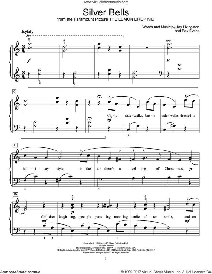 Silver Bells sheet music for piano solo (elementary) by Jay Livingston and Ray Evans, beginner piano (elementary)