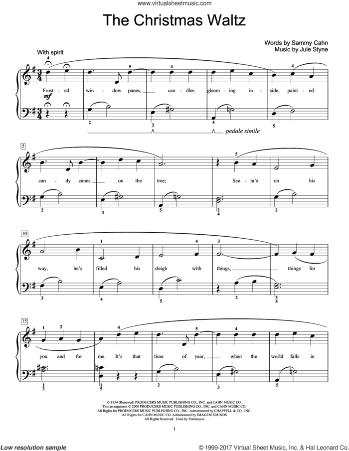 The Christmas Waltz sheet music for piano solo (elementary) by Sammy Cahn and Jule Styne, beginner piano (elementary)