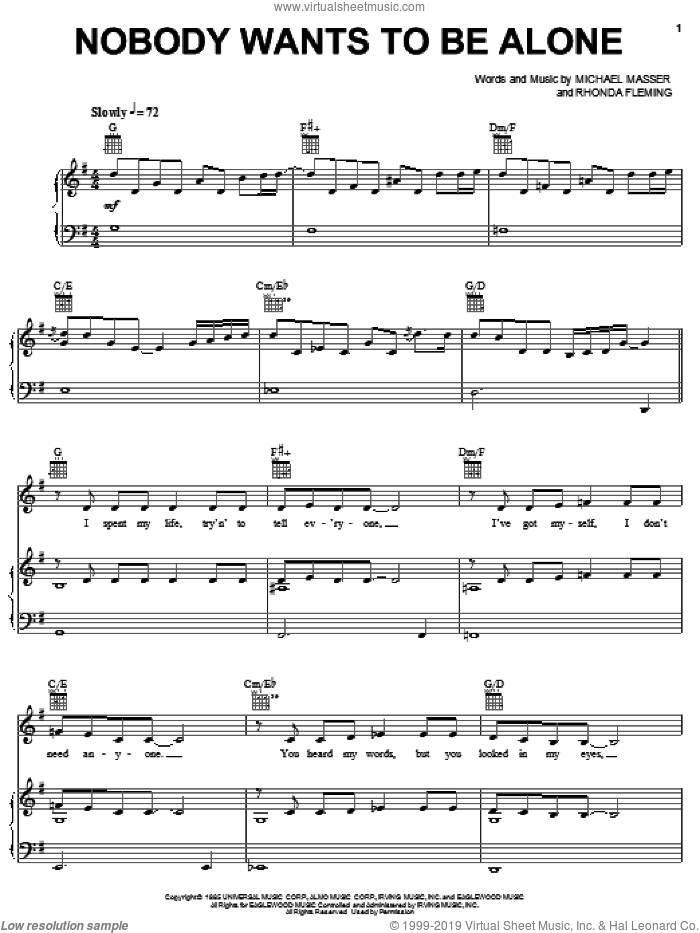 Nobody Wants To Be Alone sheet music for voice, piano or guitar by Michael Masser and Rhonda Fleming, intermediate skill level