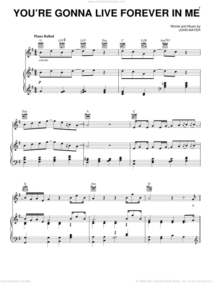 You're Gonna Live Forever In Me sheet music for voice, piano or guitar by John Mayer, intermediate skill level