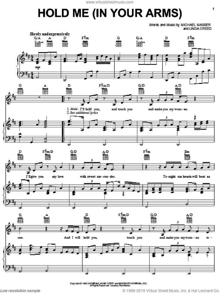 Hold Me (In Your Arms) sheet music for voice, piano or guitar by Michael Masser and Linda Creed, intermediate skill level