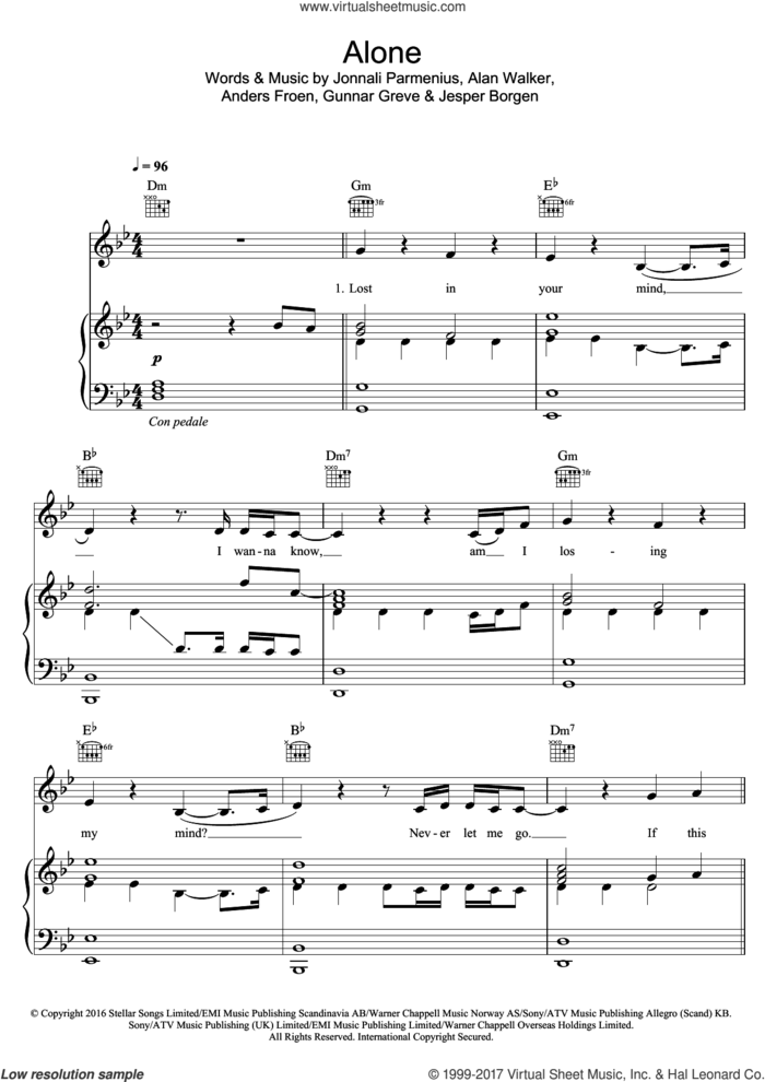Alone sheet music for voice, piano or guitar by Alan Walker, intermediate skill level