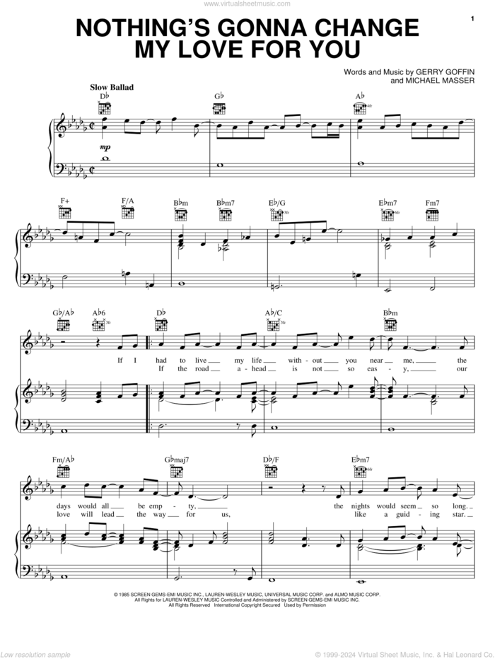 Nothing's Gonna Change My Love For You sheet music for voice, piano or guitar by Michael Masser, Glenn Medeiros and Gerry Goffin, intermediate skill level