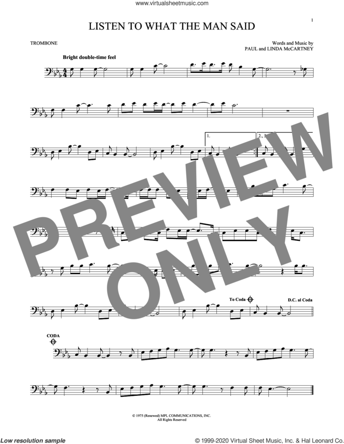 Listen To What The Man Said sheet music for trombone solo by Wings, Linda McCartney and Paul McCartney, intermediate skill level