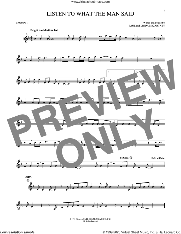 Listen To What The Man Said sheet music for trumpet solo by Wings, Linda McCartney and Paul McCartney, intermediate skill level