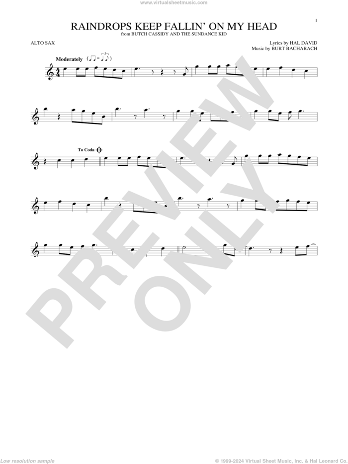 Raindrops Keep Fallin' On My Head sheet music for alto saxophone solo by Burt Bacharach, B.J. Thomas and Hal David, intermediate skill level