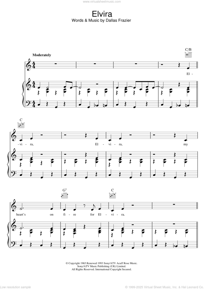 Elvira sheet music for voice, piano or guitar by The Oak Ridge Boys, intermediate skill level