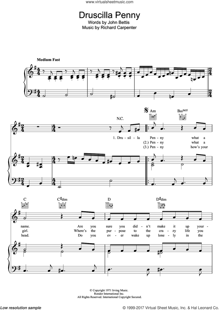 Druscilla Penny sheet music for voice, piano or guitar by Carpenters, intermediate skill level