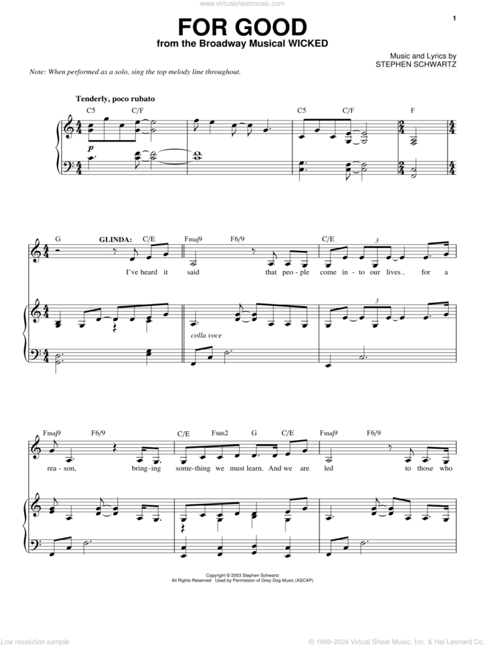 For Good (from Wicked) sheet music for voice and piano (High Voice) by Stephen Schwartz, intermediate skill level